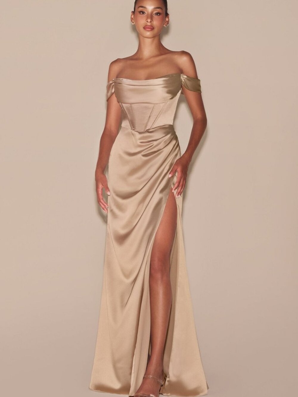 NEW CHAMPAGNE Evening Gown Floor Length Formal Elegant Stunning 7492